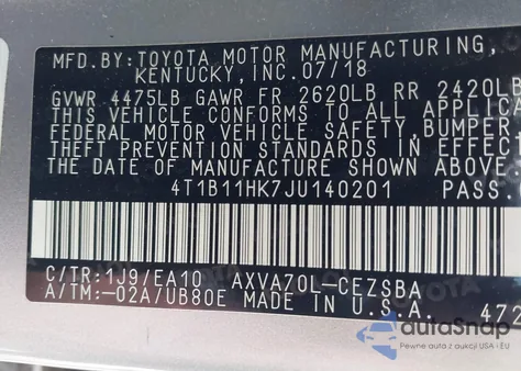 2018 Toyota Camry Se from USA, damaged, VIN 4T1B11HK7JU140201